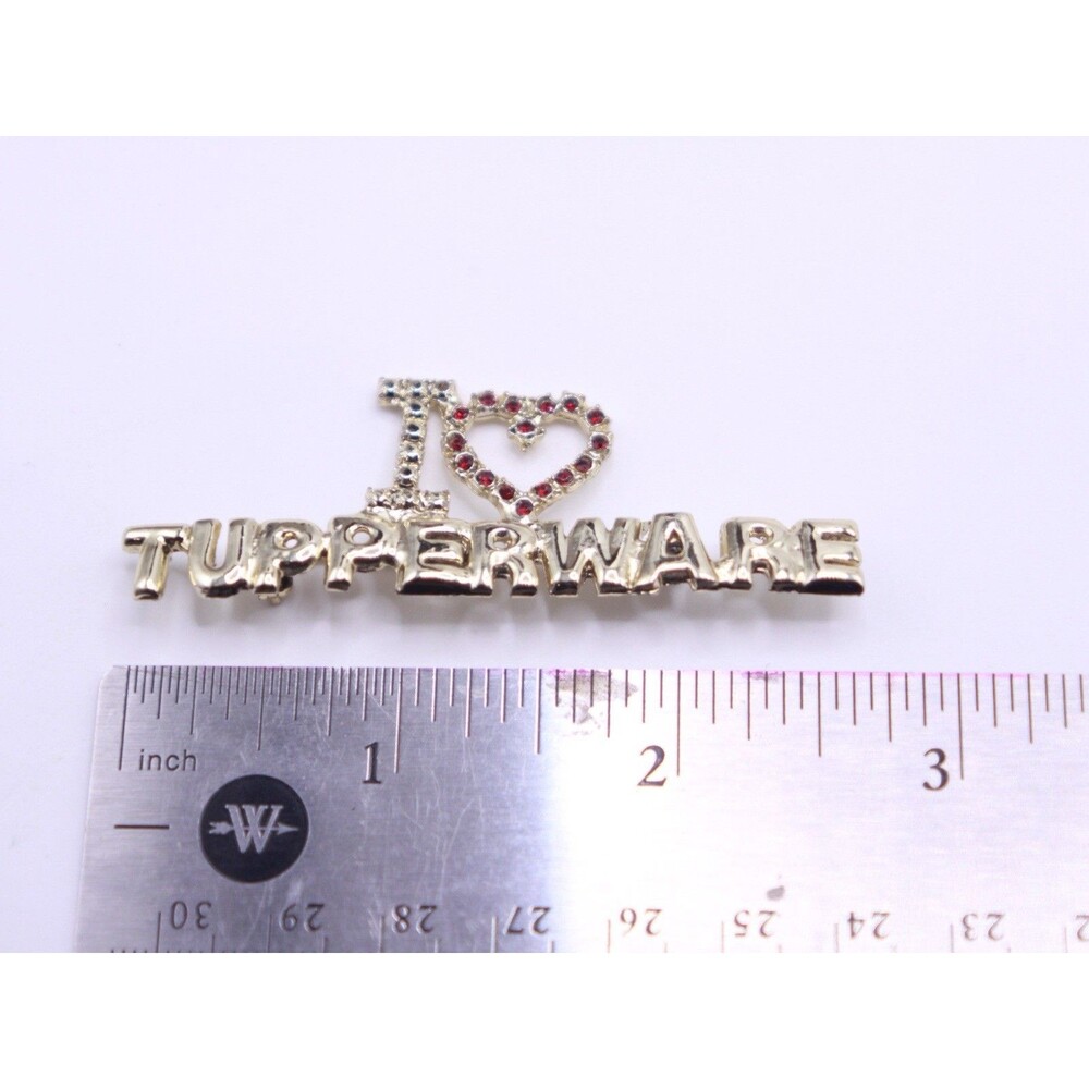 Vtg I Love Tupperware Sales Rep Brooch Pin - with Rhinestones - Picture 4 of 4